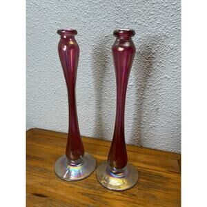 Silvestri Mouth Blown Glass Candlesticks Pink Iridescent Pair Taper Holders